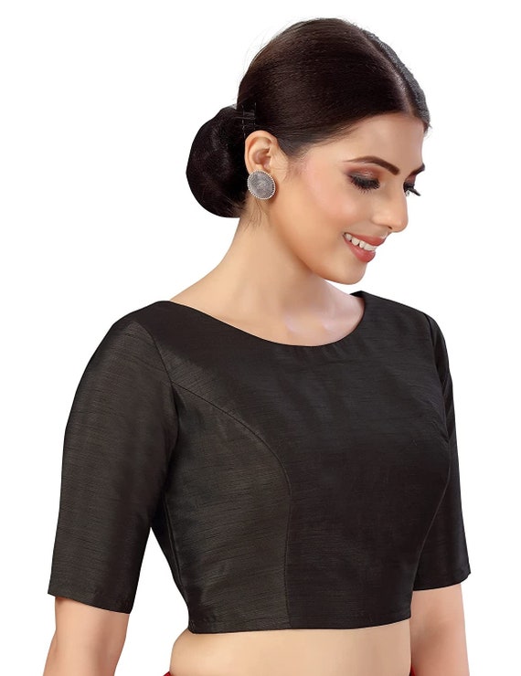 Black Boatneck Blouse Solid Readymade Saree Blouse Designer Blouse Women Poly Silk Sari Choli Indian Wedding Wear Fabric Festive Tunic Top