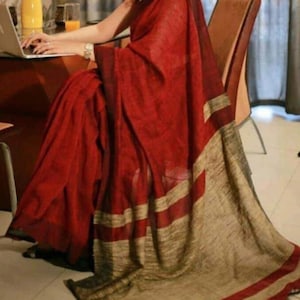 100% Pure Linen Saree Linen By Linen Sari Pure Handloom Saree for Festive Wedding Sari Women Clothing Indian Sari Gifts Made in india Fabric