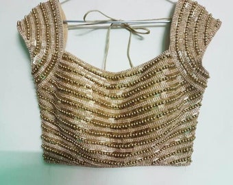 Camicetta dorata pronta all'uso con perline, camicetta da sari firmata, camicetta da cocktail per feste, matrimoni, sari da sposa indiano, choli, crop top, gonne, camicetta da damigella d'onore