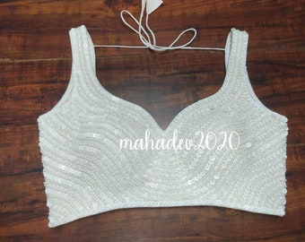 White Readymade Heavy Beaded Blouse Designer Saree blouse Cocktail Party Wedding Indian Bridal Sari Choli Crop Top Skirts Bridesmaid Blouse