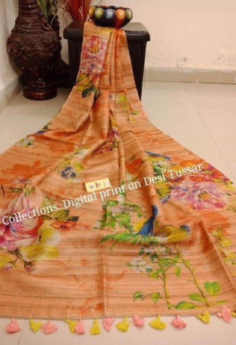 Digital Print Tussar Ghicha Saree Pure Handloom Saree for Festival wedding Women Clothing Indian Sari Gifts Handloom Ghicha Made in india