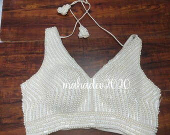 White pearl Heavy Beaded Blouse Designer Saree blouse Cocktail Party Wedding Indian Bridal Sari Choli Crop Top Skirts Bridesmaid Blouse