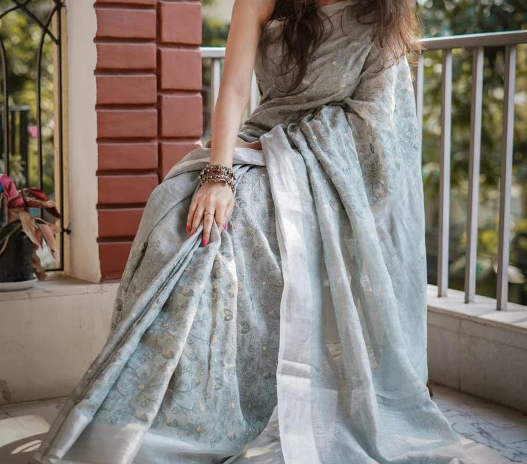100 Pure Linen Embroidered Saree Linen by Linen Sari Pure Handloom