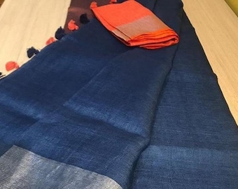 100% Pure Linen Saree Linen By Linen Sari Pure Handloom Saree for Festive Wedding Sari Women Clothing Indian Sari Gifts Made in india Fabric
