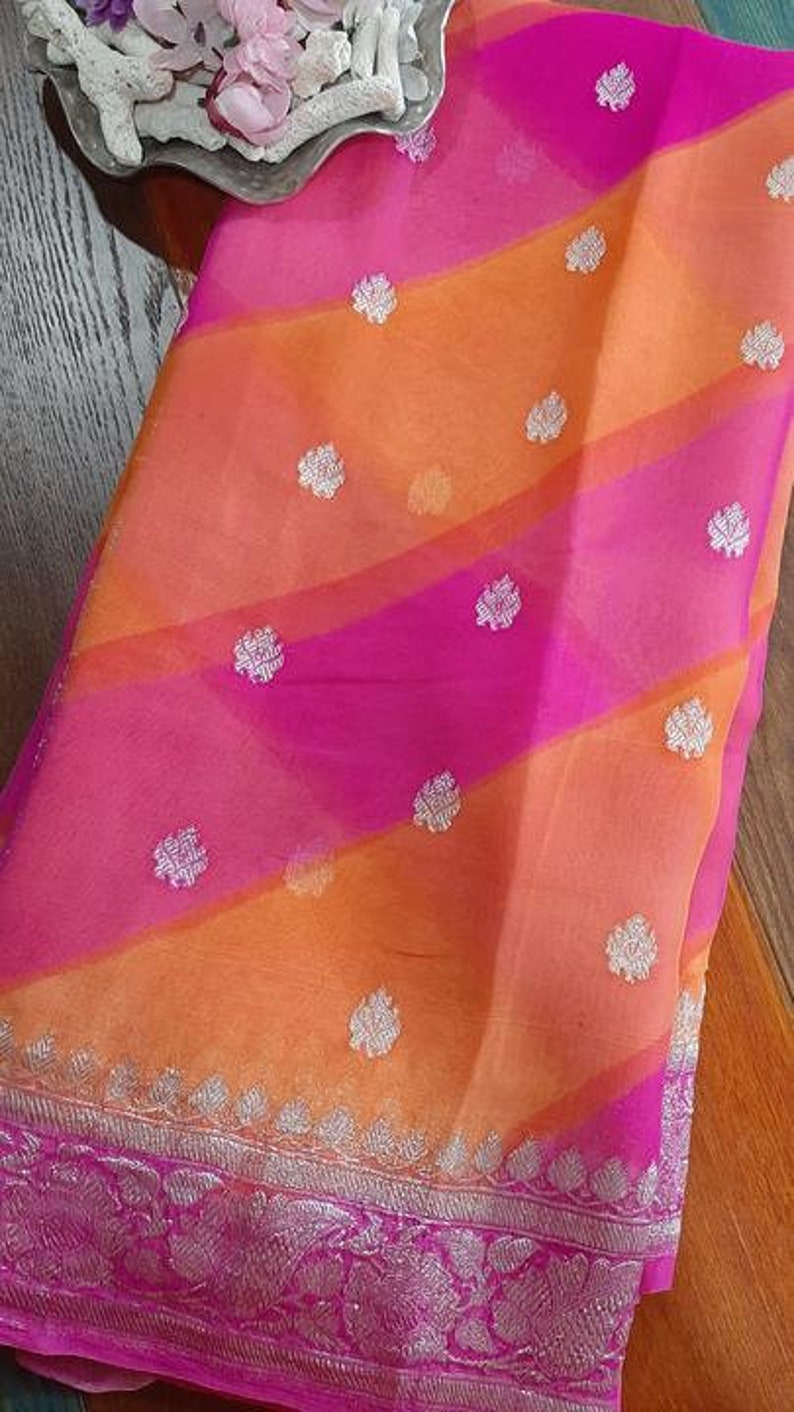 Double Shade Durga Puja Zari Work Pure Chiffon Banarasi Silk Handwoven Saree Designer Weaving Fabric Sari Women With Running Blouse Pece