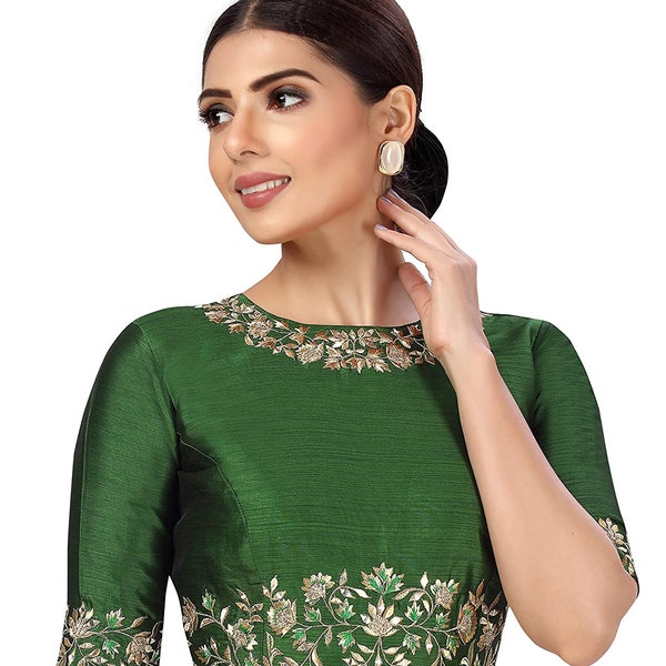 Green Women's Boatneck Blouse Poly Silk Embroidered Saree Blouse Readymade Sari Choli Indian Wedding Wear Bridesmaid Craft Tunic Crop Top
