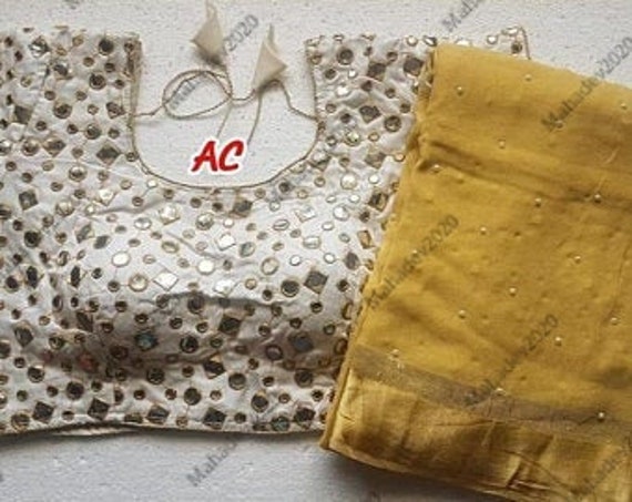 plain saree with mirror blouse