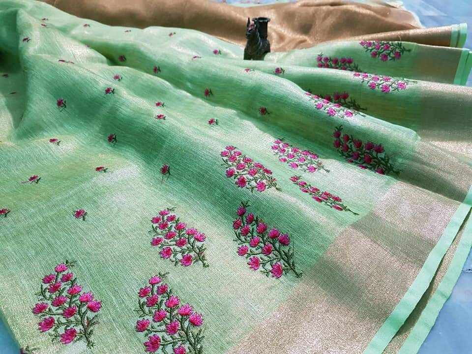 Precious Pure Tissue Linen Handdyed Saree Cream main image 1