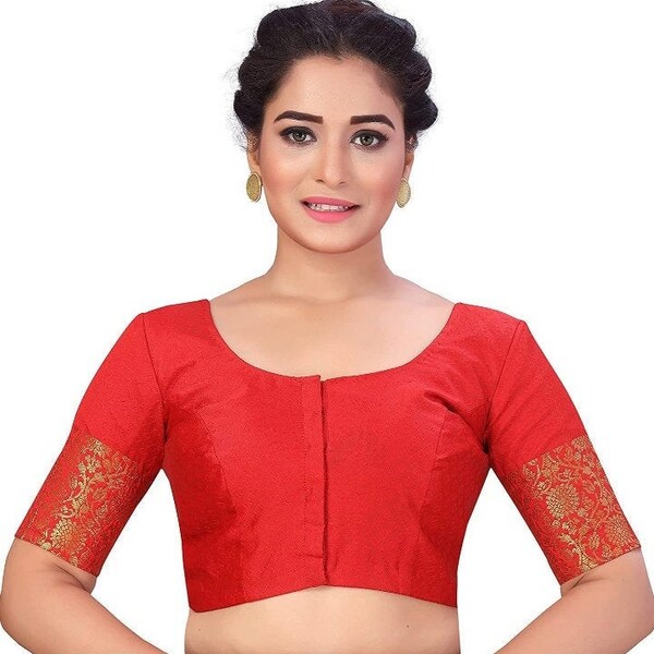 Bridal Brocade rouge Saree Blouse avec Kanjivaram Border Cou rond Coude Manche Blouse Readymade Sari Choli Indian Wedding Wear Tissu top