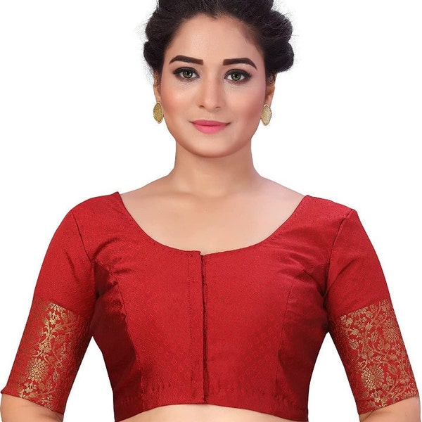 Bridal Maroon Brocade Saree Blouse with Kanjivaram Border Round Neck Elbow Sleeve Blouse Readymade Sari Choli Indian Wedding Wear Crop Top