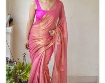 Tissue Saree Pure Linen Saree Indian Women's  Handloom Saree for Festive Wedding Sari Women Clothing Indian Sari Gifts Made in india Fabric