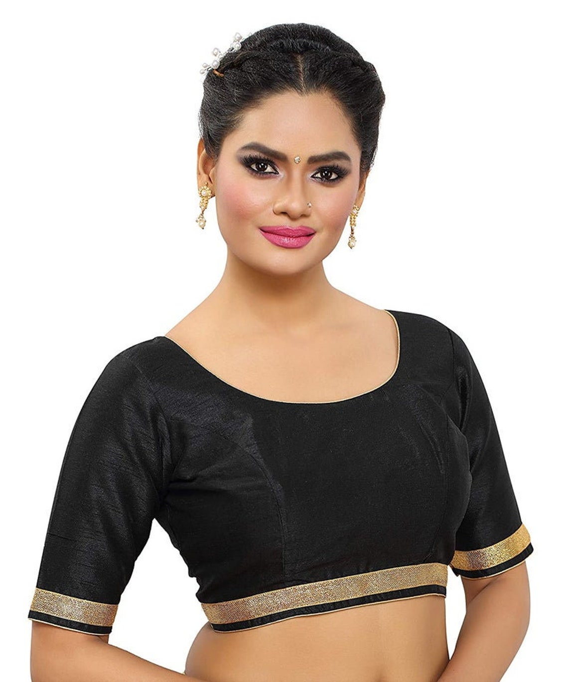 Black Round Neck Saree Blouse Brocade Elbow Sleeves Silk | Etsy