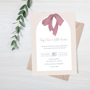 May include: A baby shower invitation featuring a mauve bow illustration. The text reads "Tiny Toes & Little Bows" and invites guests to celebrate Olivia's baby girl. Details include the date, time, location, and RSVP information.