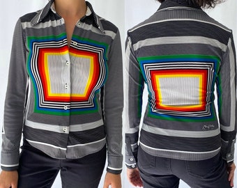 90s vintage rainbow abstract geometric long sleeved blouse – extra small, small | miss sixty colorful collared button up shirt made in italy