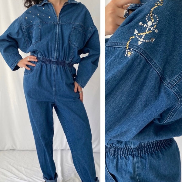 80s vintage blue denim long sleeved jumpsuit - medium large | heavy cotton unisex utility workwear jean pant suit metallic stars full zipper