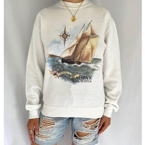 Pull graphique Halifax Nouvelle-Écosse vintage des années 80 - petit | Sweat-shirt à col ras du cou côtier souvenir de voyage de voilier de vacances au canada