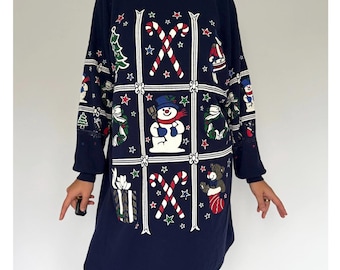 90s vintage navy blue holiday christmas graphic long sleeved pajama dress – large | novelty festive snowy winter long cotton sleep dress