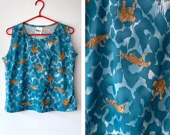 70s vintage blue leopard print tank top - medium, large | novelty silky tiger animal pattern single stitch abstract sleeveless blouse shirt