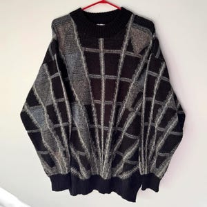 90s vintage grey abstract print long sleeved knit grandpa sweater – extra large | Cambio made in Italy wool acrylic slouchy oversized jumper