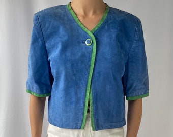 80s vintage blue green color block suede leather spring jacket – medium | danier unique casual pastel colorful cropped button up blazer coat