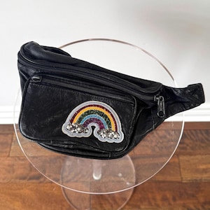 90s vintage black leather fanny pack waist bag with rainbow patch | festival rave bag adjustable buckle strap 3 zip pockets
