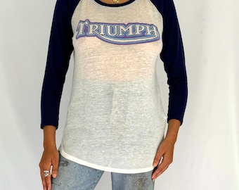 y2k vintage navy white Triumph graphic baseball jersey top – small | Lucky Brand motorcycle logo paper thin sheer casual athletic tee shirt