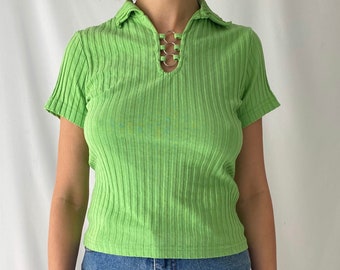 90s y2k vintage green ribbed short sleeved crop top – extra small, small | bright neon collared tight fitted stretch fun bratz cropped shirt