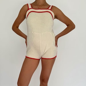 70s vintage red cream ringer terry cloth mini romper playsuit – small | 60s retro summer vacation beach cover up one piece shorts jumpsuit