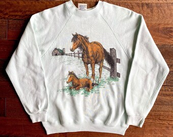 90s vintage aqua light green horses barn farm pullover sweatshirt – small | novelty graphic equestrian nature animal lodge crewneck sweater