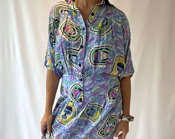 80s vintage abstract print button up midi dress  – medium | short sleeved collared pleated rainbow secretary dress, novelty funky monsters