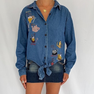 90s vintage blue denim novelty coffee embroidered button up down shirt – small medium | funky reworked chambray tie up blouse collared top