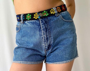 90s vintage rainbow groovy mini blue denim shorts – small | colorful hippy flower power happy retro high waist rise funky cutoff short jeans