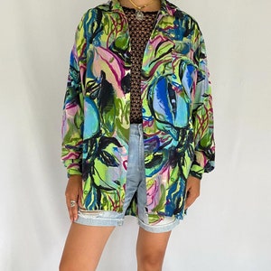 90s vintage colorful watercolor abstract print flowy button up blouse – small, medium | unique novelty retro swirl collared rayon top shirt