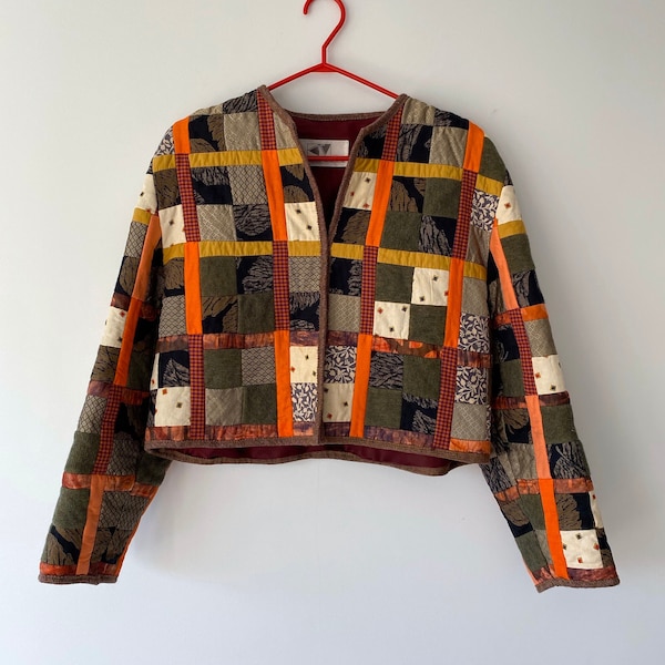 vintage brown orange quilted patchwork cropped jacket – medium, large | boho bohemian hippie colorful artsy open front cardigan blazer coat
