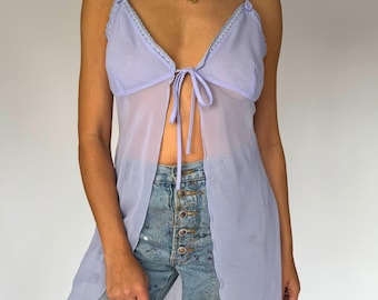 y2k vintage light purple sheer babydoll camisole tank top – medium | lavender lilac silky see through lace tie up front lingerie cami slip