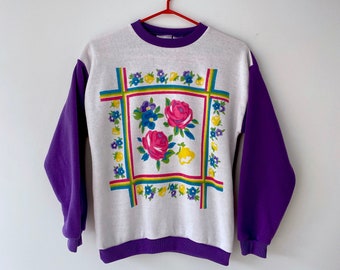 90s vintage floral colorful sweater - extra small | graphic bright purple color block puffy crewneck pullover jumper for kids girls adults