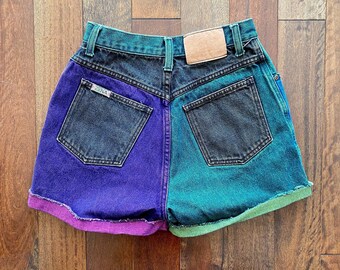 90s vintage multicolor mini denim shorts – small | colorful contrast color block tie dyed high waist rise festival funky retro short jeans