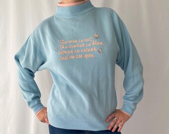 80s vintage graphic pastel text poem sweater - small, medium | kitschy rare cottage core granny mock neck pink blue sweatshirt pullover