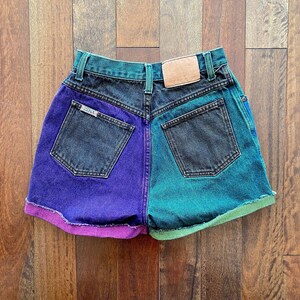 90s vintage multicolor mini denim shorts – small | colorful contrast color block tie dyed high waist rise festival funky retro short jeans