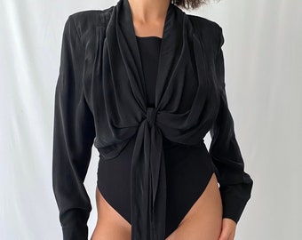 80s vintage long sleeved black pure silk blouse bodysuit with front tie bow - small, medium | fitted one piece dance party leotard shirt top