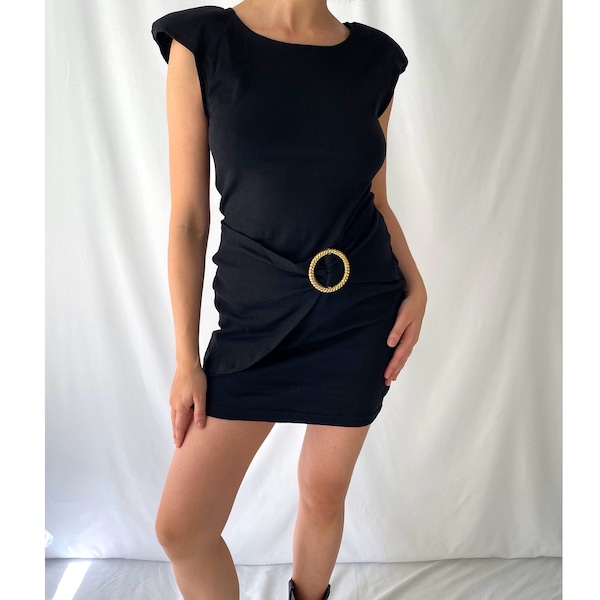 80s vintage black gold sleeveless belted short mini dress – small medium | deadstock strong shoulders cotton retro tight bodycon party dress