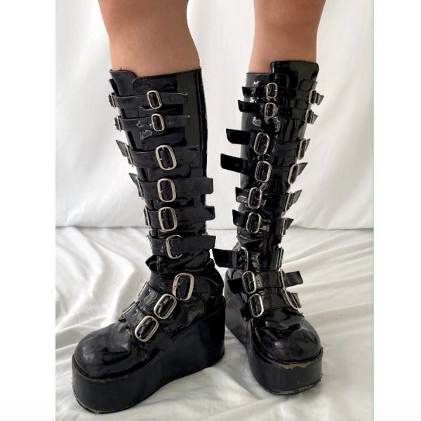 90s vintage shiny black patent demonia platform boots - womens size 7.5 | knee high punk goth cosplay grunge burning man buckle wedges shoes