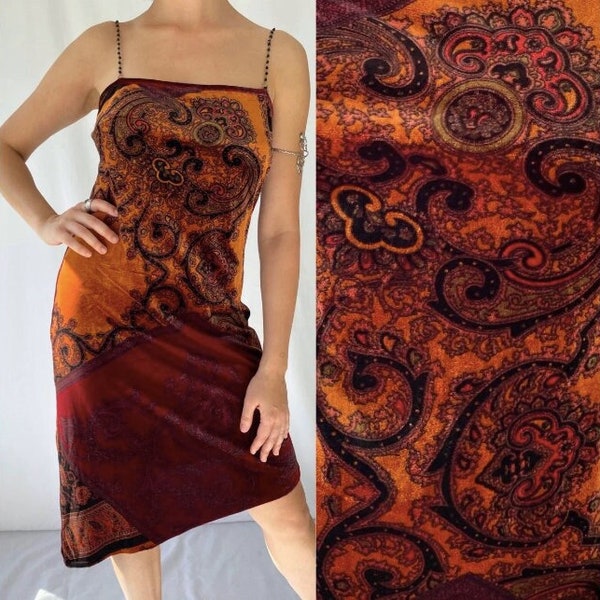 90s y2k vintage burgundy paisley velvet asymmetrical slip dress – small medium | sleeveless boho hippy witchy party slinky midi beaded dress