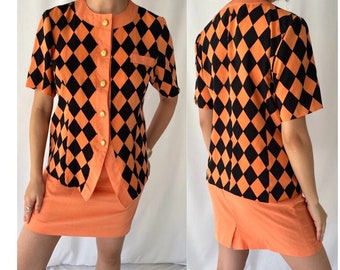 90s vintage orange black short sleeved blouse mini skirt matching set – small, medium | checker clown silky button up two 2 piece coord set
