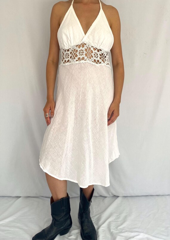 90s Vintage White Crochet Sleeveless Halter Midi Dress  Small, Medium |  Boho Open Back Resort Wedding Bridal Party Festival Beach Cover Up - Etsy