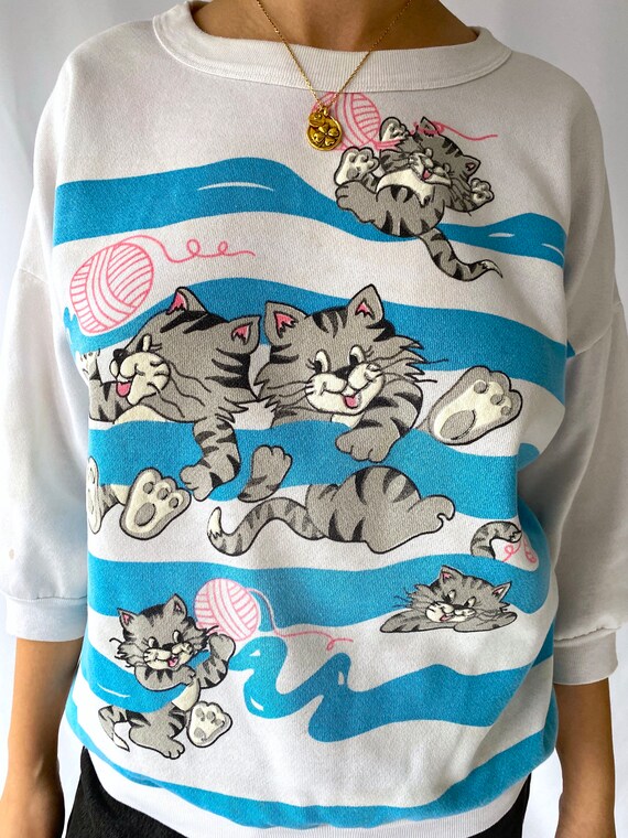 80s vintage white blue cartoon cat half sleeved p… - image 7