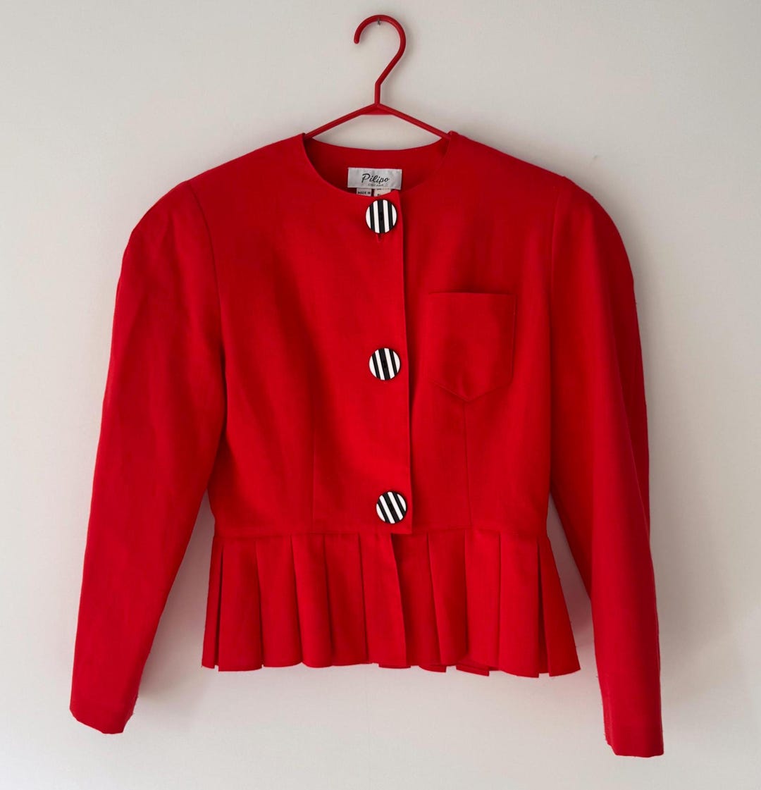 Red Button Twee 80s Vintage Red Pleated Cropped Peplum Button up Blouse – Small, Medium ...