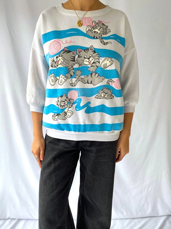 80s vintage white blue cartoon cat half sleeved p… - image 1