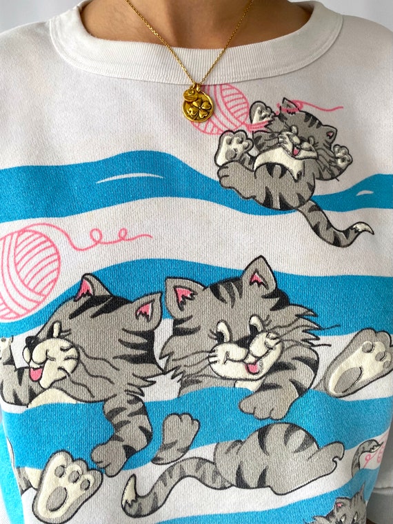 80s vintage white blue cartoon cat half sleeved p… - image 9