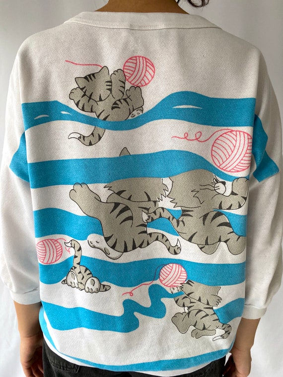 80s vintage white blue cartoon cat half sleeved p… - image 8